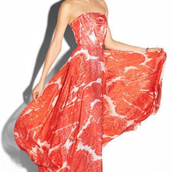 Milly Monica Silk Chiffon Strapless Paisley Maxi Dress Poppy Orange - Picture 3 of 10